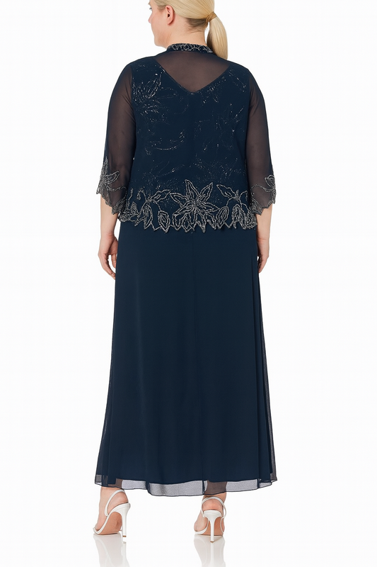 VESTIDO DE FIESTA PARSSON AZUL CON PEDRERÍA Y CHAQUETA BORDADA