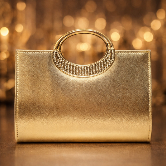 Bolso de fiesta Dore star en tonos dorados y aplicaciones brillantes con mango y cadena para colgar