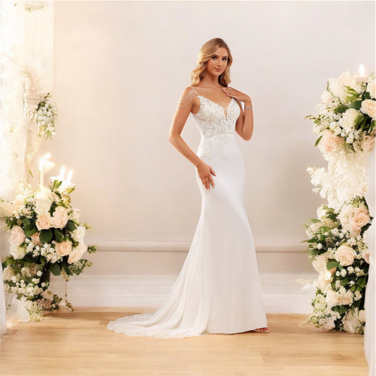 Vestido de novia Rose estilo trompeta con aplicaciones en los hombros