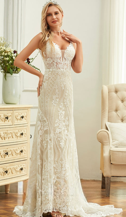 Vestido de novia Kerry en macrame y corte trompeta ,espalda descubierta
