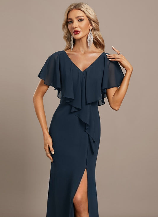 VESTIDO DE FIESTA  EMMA DE GASA Y CON VOLANTES ,CON ESCOTE EN V