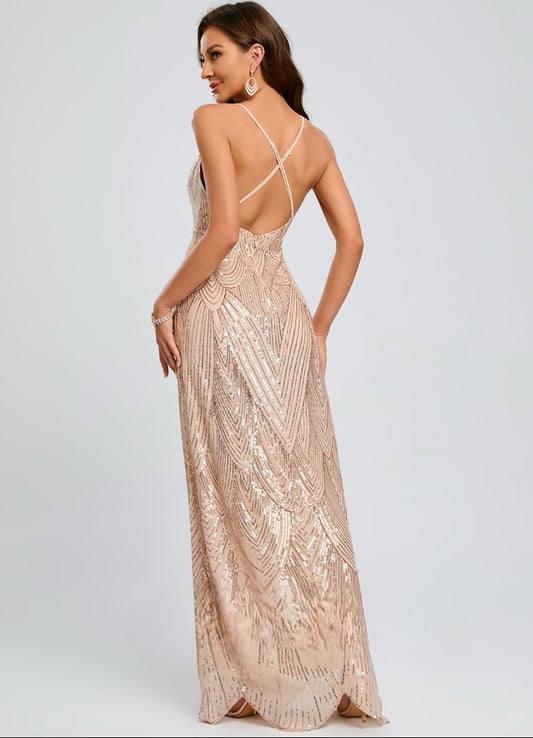 VESTIDO DE FIESTA CRISTAL EN TONOS NUDE Y BORDADO EN LENTEJUELAS TALLA 38