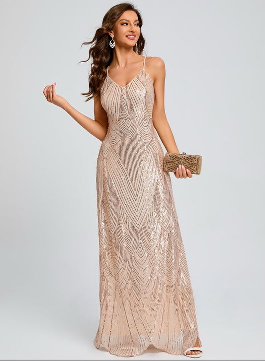 VESTIDO DE FIESTA CRISTAL EN TONOS NUDE Y BORDADO EN LENTEJUELAS TALLA 38