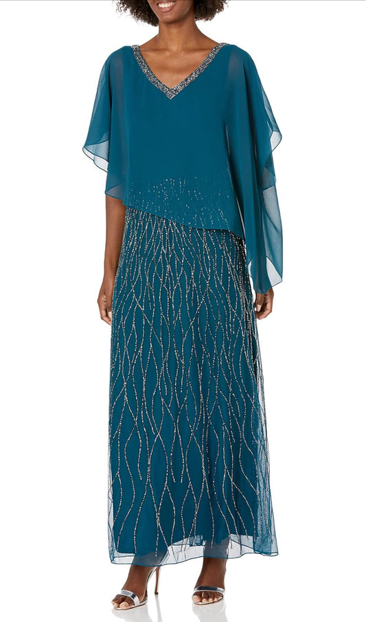 VESTIDO DE FIESTA BETH CON CAPA DE GASA Y FALDA BORDADA EN PEDRERIA