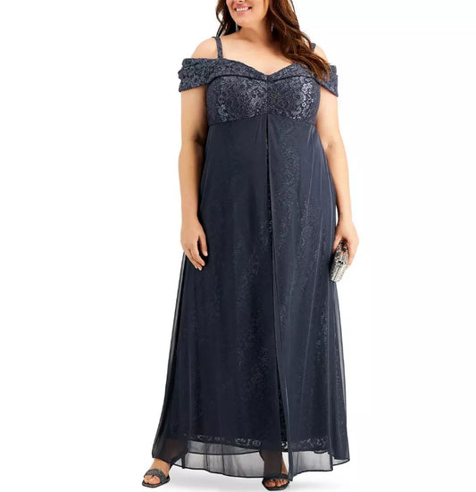 VESTIDO DE FIESTA ELY EN COLOR ACERO DE GASA Y LENTEJUELAS GTALLA 46