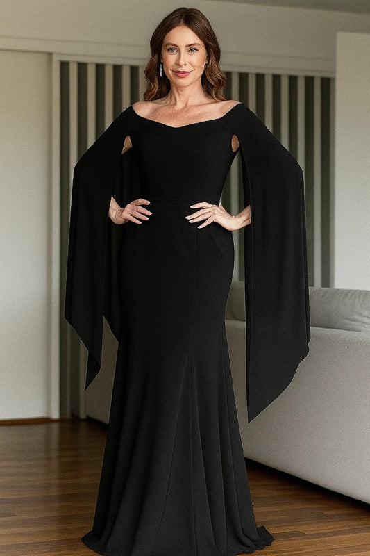VESTIDO DE FIESTA MARLEN EN CON MANGAS ALA Y HOMBROS DESCUBIERTOS