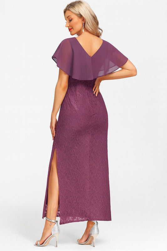 VESTIDO DE FIESTA MORNING CON VUELOS Y ABERTURA EN TALLA 48