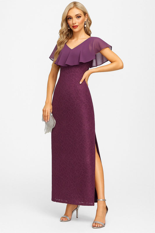 VESTIDO DE FIESTA MORNING CON VUELOS Y ABERTURA EN TALLA 48