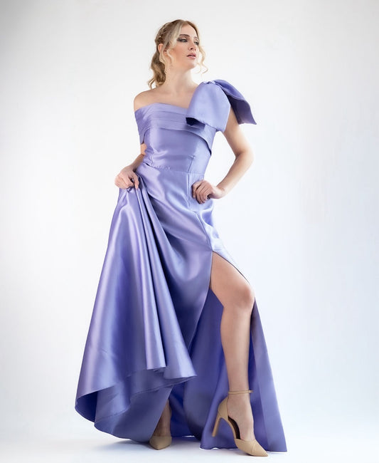 VESTIDO DE FIESTA ANAHY CON APLICACION NUDO Y HOMBRO DESCUBIERTO