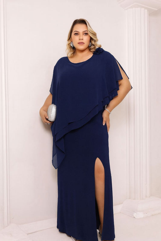 VESTIDO DE FIESTA MILENA CON CAPA Y FLOR LATERAL