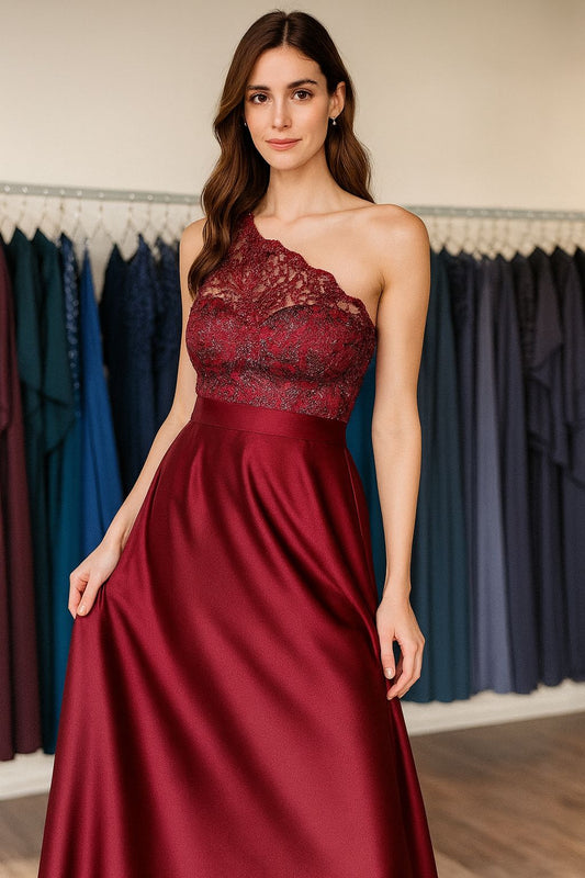 VESTIDO DE FIESTA  ANASTASYA ASIMETRICO CON ENCAJE BORDADO