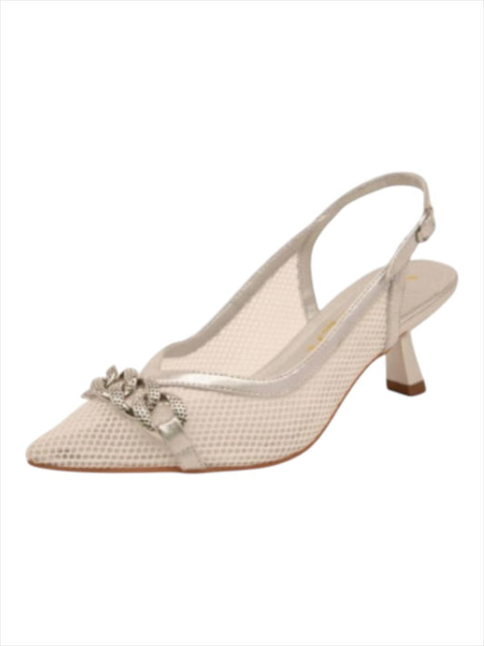 SANDALIA ESPAÑOLA DESTALONADA REJILLA PLATA  TACO 5 CMS