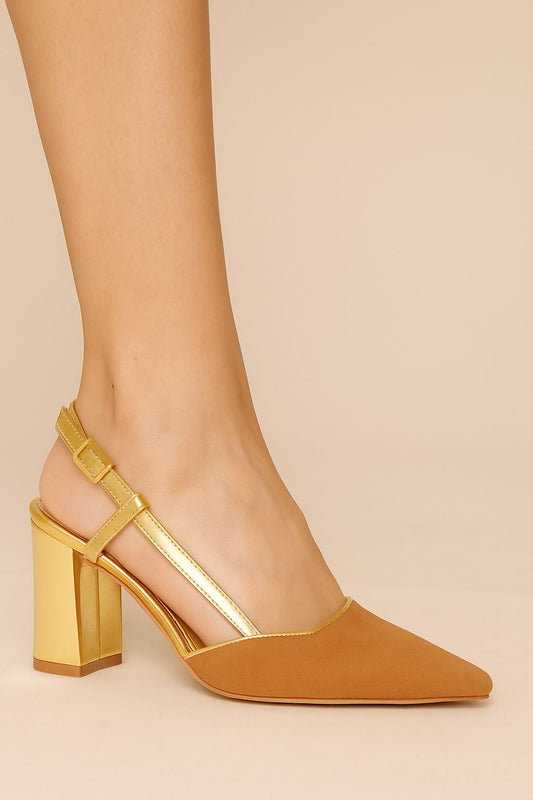 Zapato español Camel para fiesta , tacon 8 cms ,gamuza y ecocuero