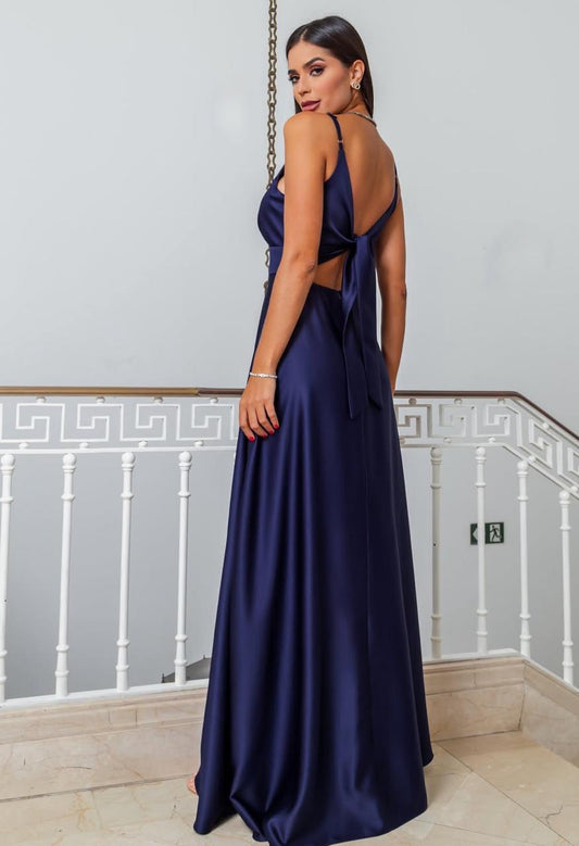 Vestido de fiesta Morin en raso y tirantes espagueti , espalda descubierta