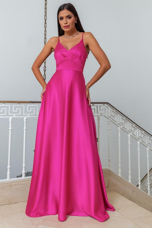 Vestido de fiesta Morin en raso y tirantes espagueti , espalda descubierta