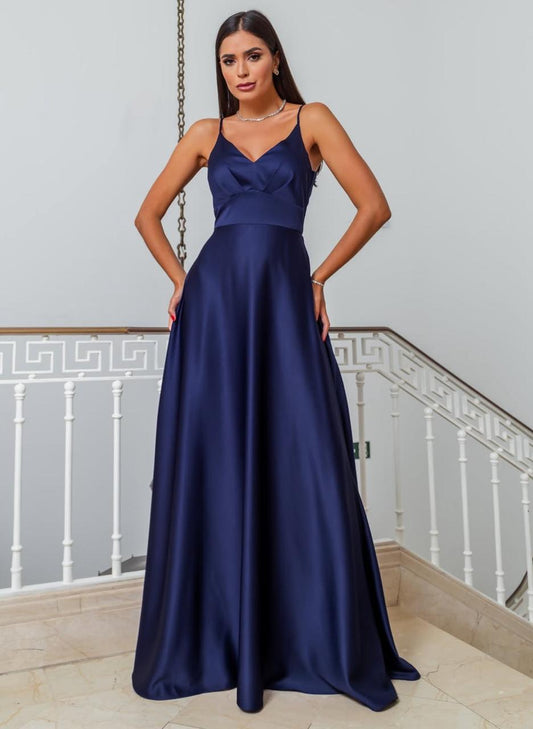 Vestido de fiesta Morin en raso y tirantes espagueti , espalda descubierta