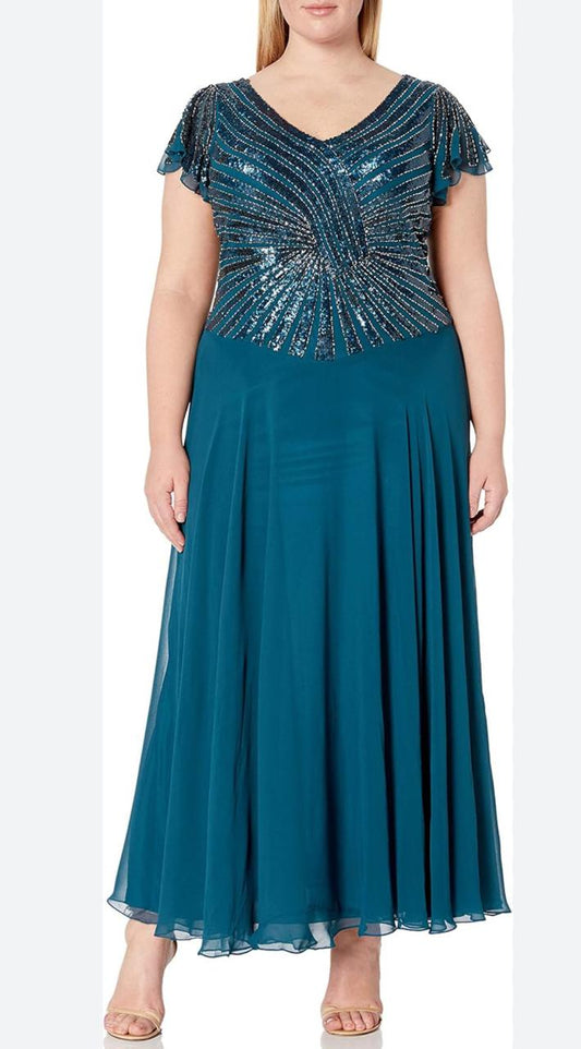 Vestido de fiesta Maria con pedrería y manga casquillo color azul petroleo y talla 40