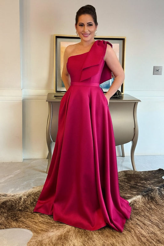 Vestido de fiesta Daisy asimétrico en raso y con lazo en el hombro