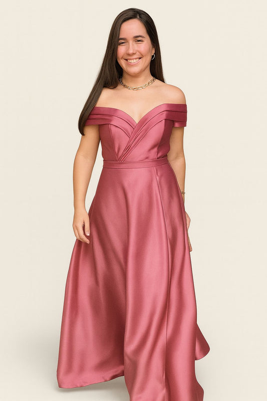 Vestido de fiesta Lucia ,hombros descubiertos y tela satinada