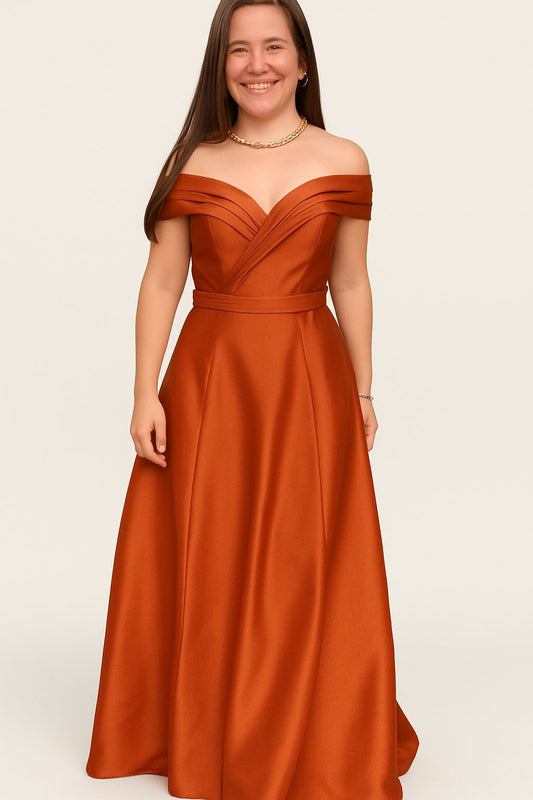 Vestido de fiesta Lucia ,hombros descubiertos y tela satinada