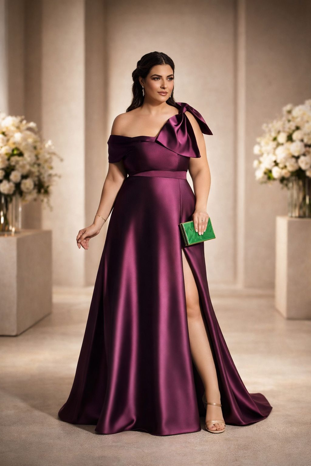 Vestido de fiesta Tere hombro descubierto lazo y tela satinada