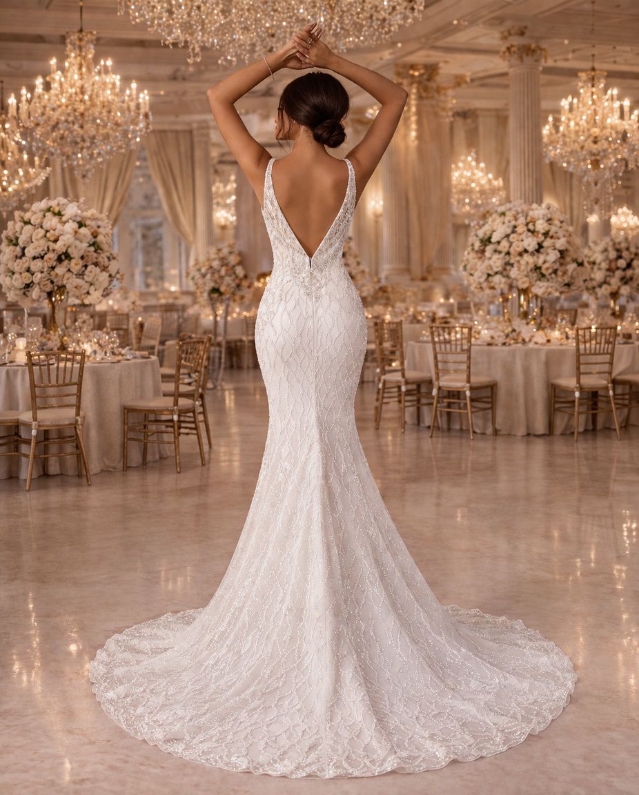 Vestido de novia Hortencia sirena con escote profundo y espalda abierta