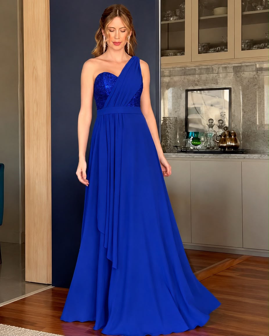 Vestido de fiesta Carolina asimétrico y con alita aplicación de brillo sutil
