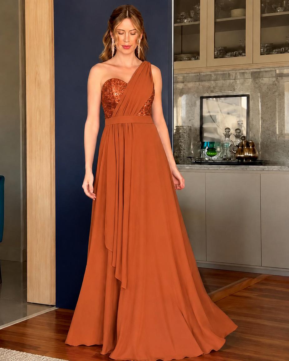 Vestido de fiesta Carolina asimétrico y con alita aplicación de brillo sutil