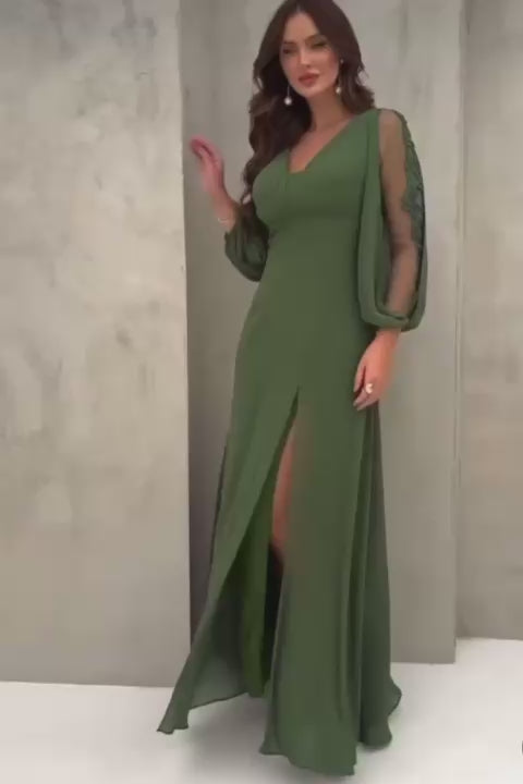 VESTIDO DE FIESTA  ANASTASYA CON MANGAS ANCHAS Y BORDADO
