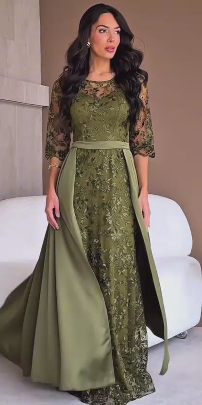 Vestido de fiesta Karina encaje y capa cola elegancia satinada