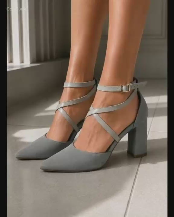 Zapato para novia y fiesta Roma de terciopelo velvet taco 7 cms color plata doble tiras cruzadas